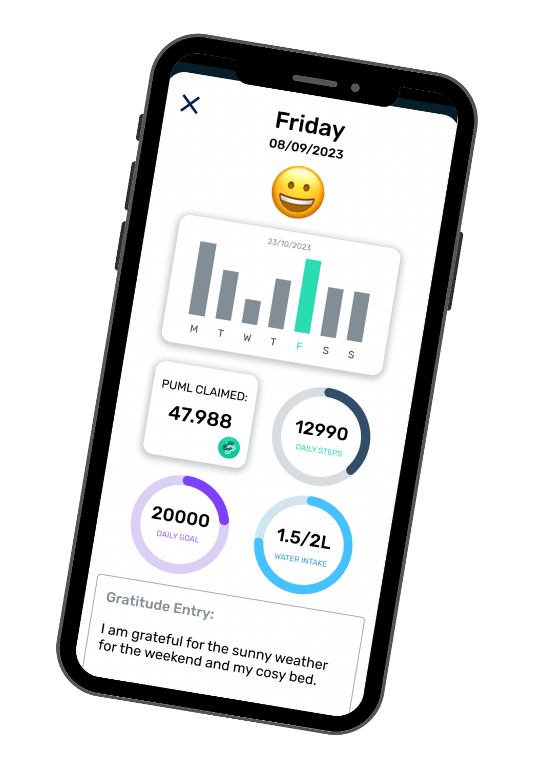 PUML app progress and activity tracking screens