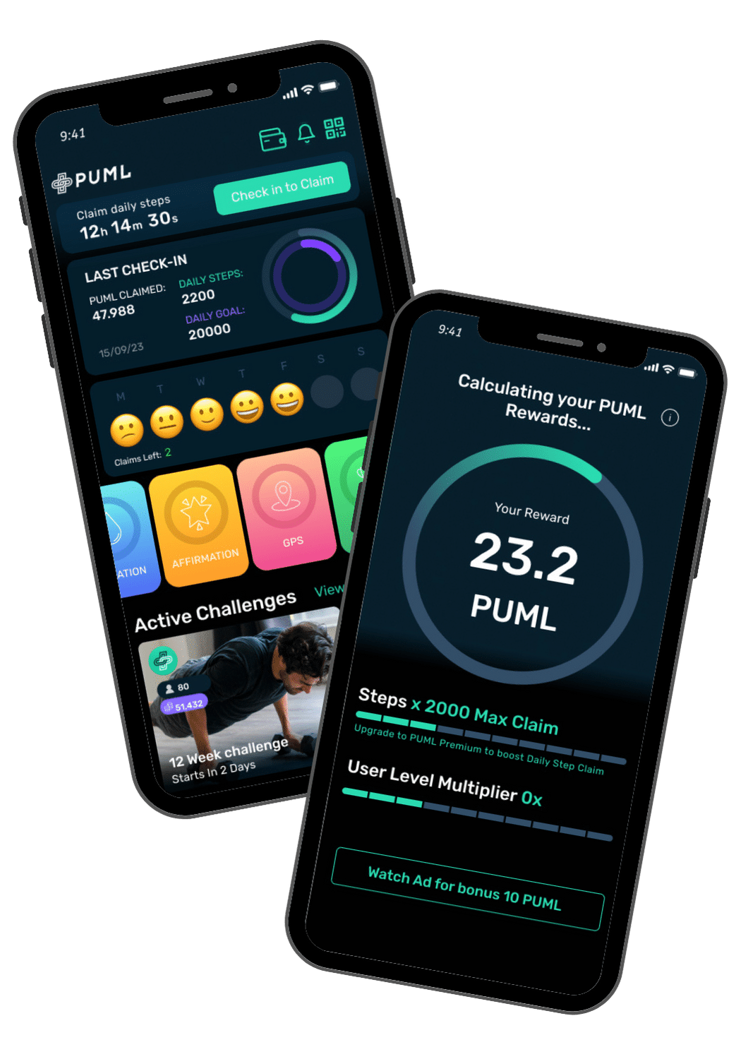 PUML app challenge and rewards screens