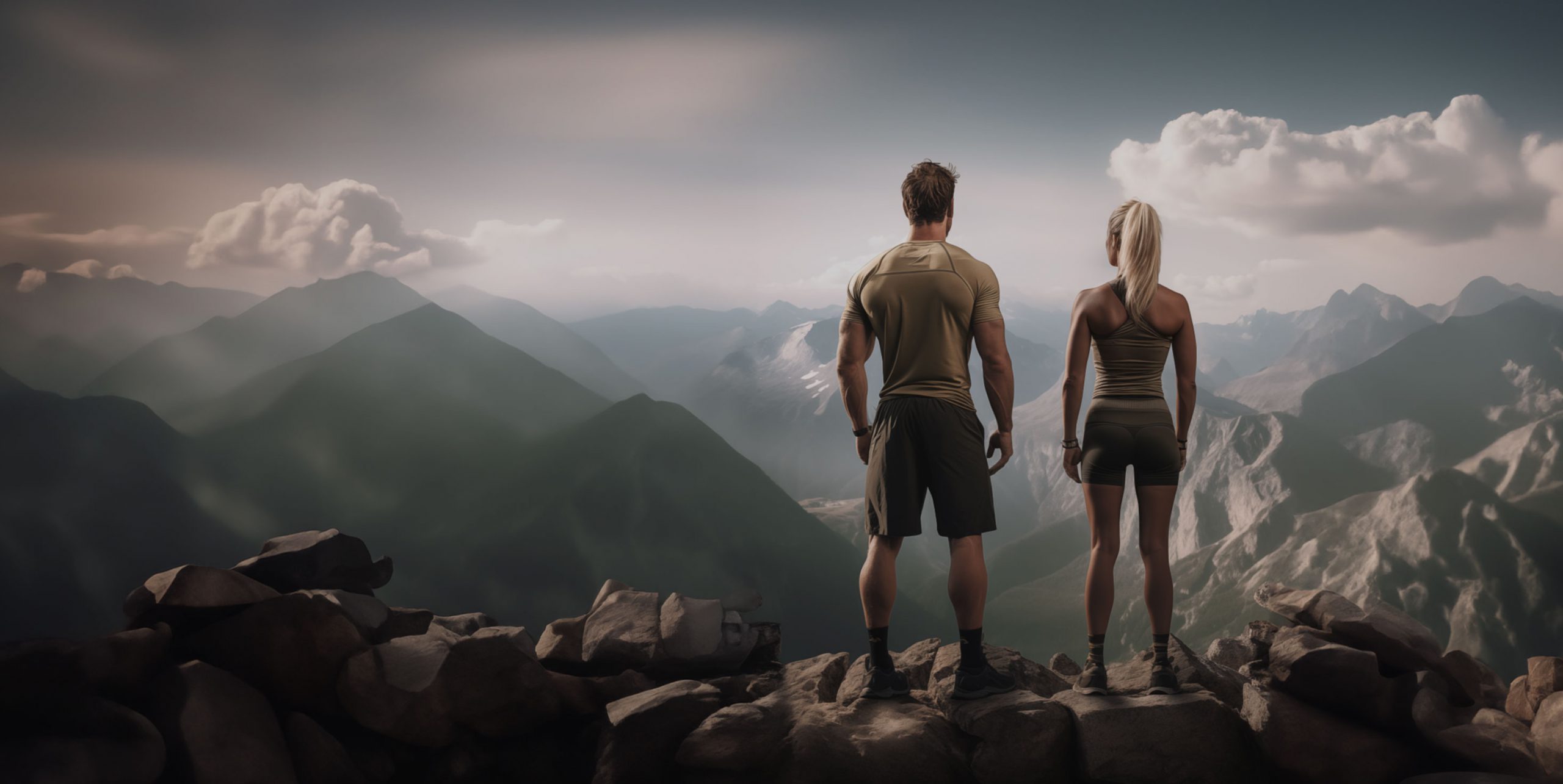 Athletes overlooking a mountain landscape